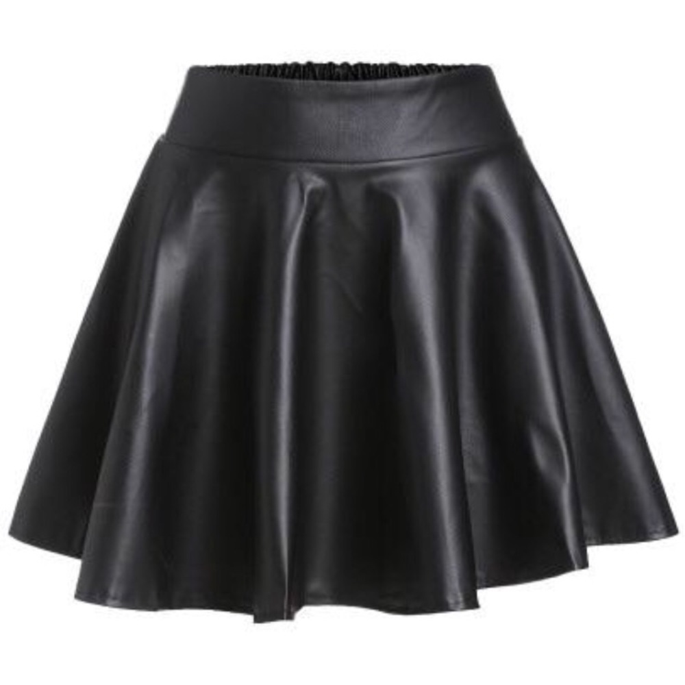 Black Faux Leather Elastic Waist Flare Skirt